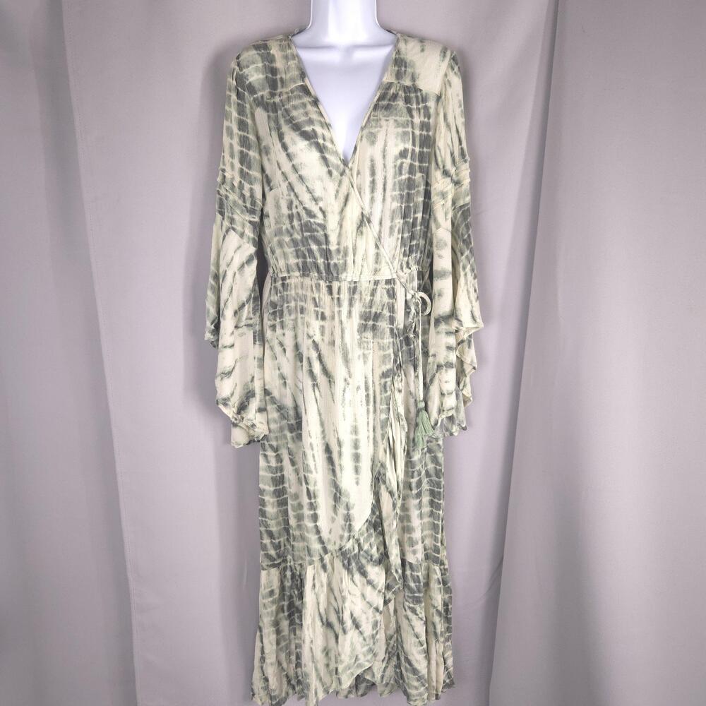 Band Of Gypsies Boho Whimsigoth Maxi Dress Womens M Green Tie Dye Faux Wrap Fest